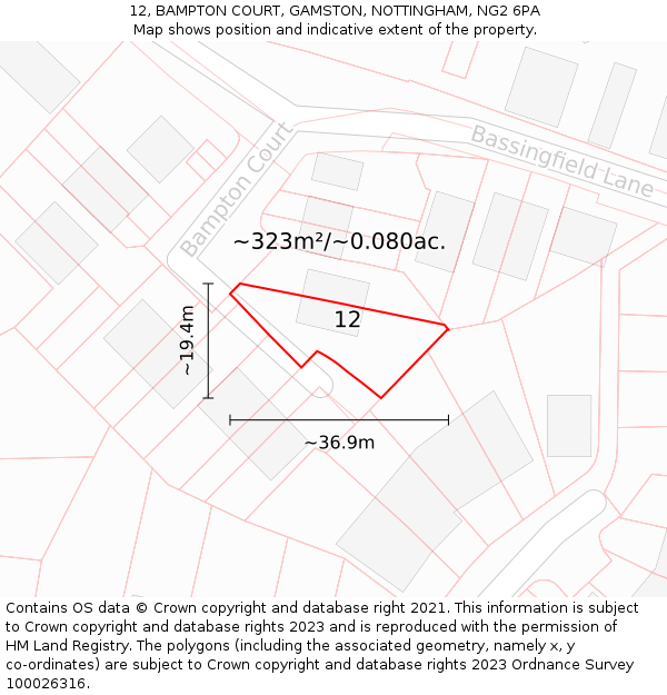 12, BAMPTON COURT, GAMSTON, NOTTINGHAM, NG2 6PA: Plot and title map