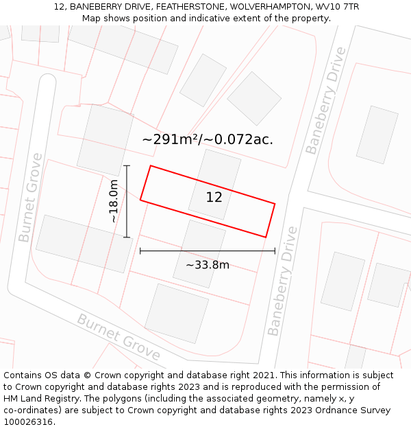 12, BANEBERRY DRIVE, FEATHERSTONE, WOLVERHAMPTON, WV10 7TR: Plot and title map