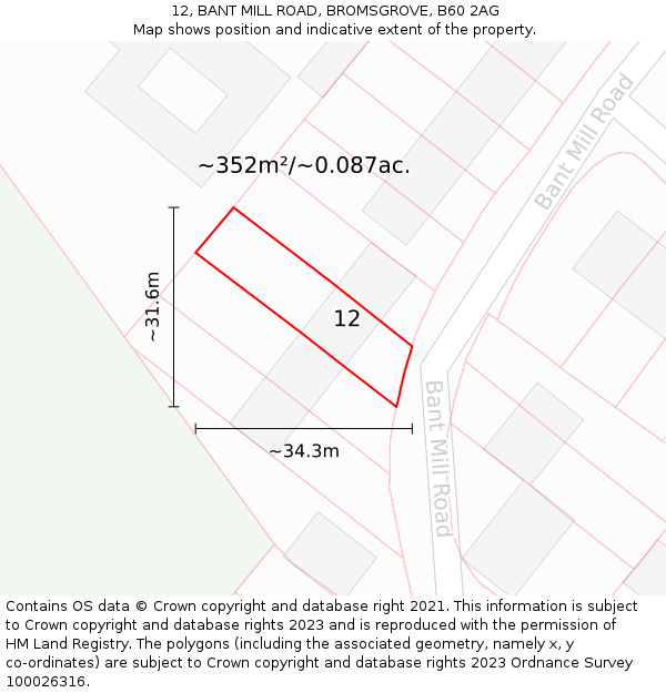 12, BANT MILL ROAD, BROMSGROVE, B60 2AG: Plot and title map