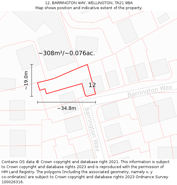 12, BARRINGTON WAY, WELLINGTON, TA21 9BA: Plot and title map