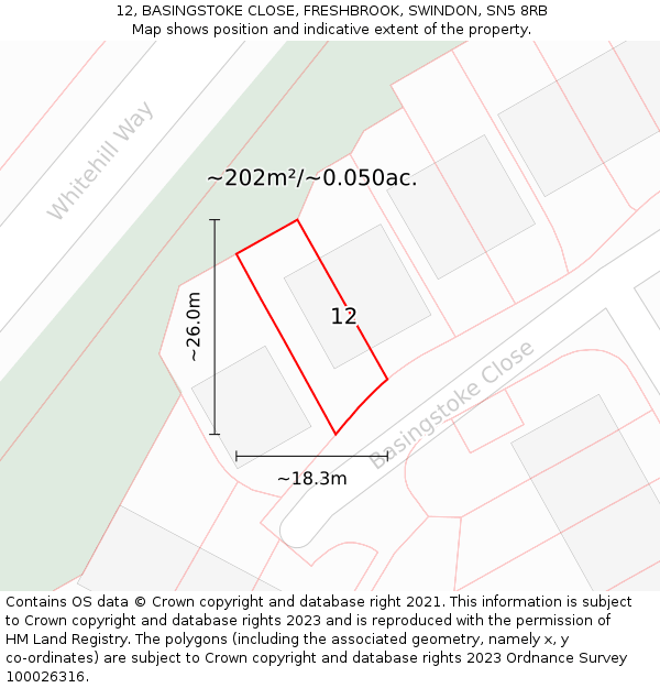 12, BASINGSTOKE CLOSE, FRESHBROOK, SWINDON, SN5 8RB: Plot and title map