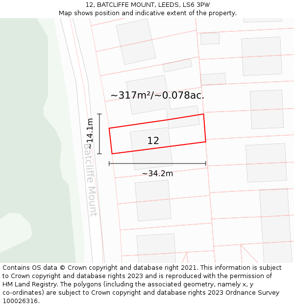 12, BATCLIFFE MOUNT, LEEDS, LS6 3PW: Plot and title map