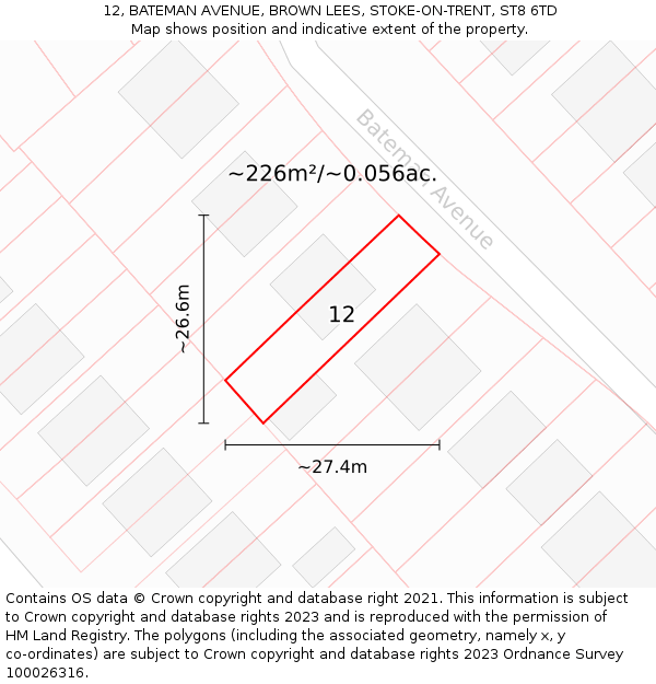12, BATEMAN AVENUE, BROWN LEES, STOKE-ON-TRENT, ST8 6TD: Plot and title map