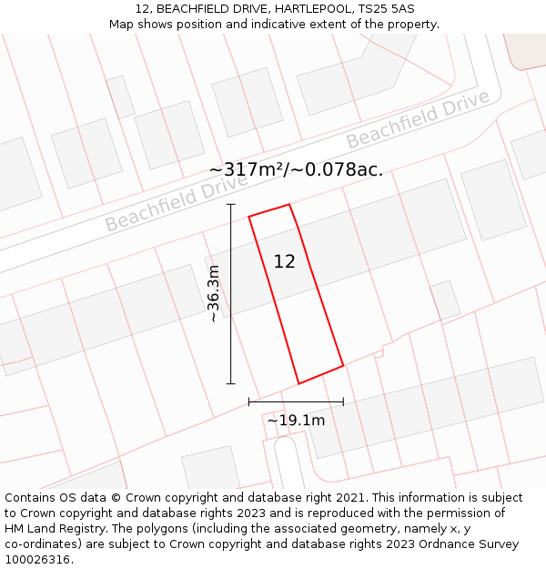 12, BEACHFIELD DRIVE, HARTLEPOOL, TS25 5AS: Plot and title map