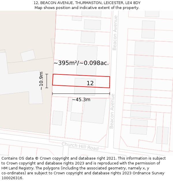 12, BEACON AVENUE, THURMASTON, LEICESTER, LE4 8DY: Plot and title map