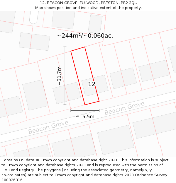 12, BEACON GROVE, FULWOOD, PRESTON, PR2 3QU: Plot and title map