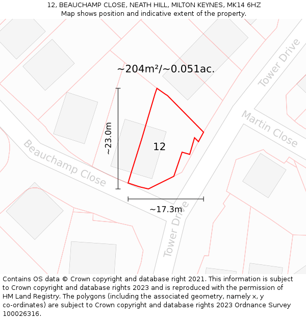 12, BEAUCHAMP CLOSE, NEATH HILL, MILTON KEYNES, MK14 6HZ: Plot and title map