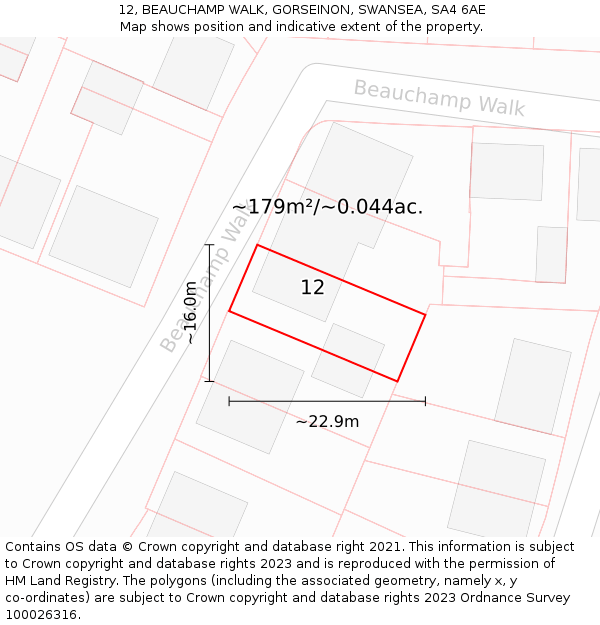 12, BEAUCHAMP WALK, GORSEINON, SWANSEA, SA4 6AE: Plot and title map