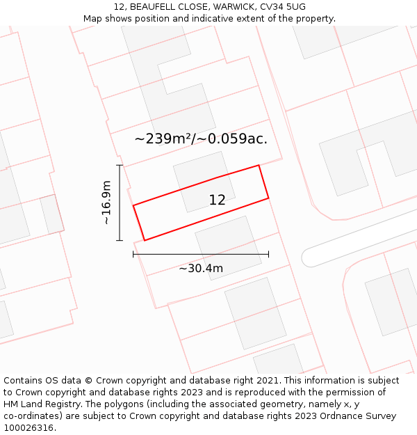 12, BEAUFELL CLOSE, WARWICK, CV34 5UG: Plot and title map