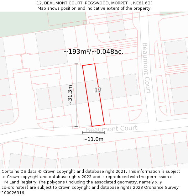 12, BEAUMONT COURT, PEGSWOOD, MORPETH, NE61 6BF: Plot and title map
