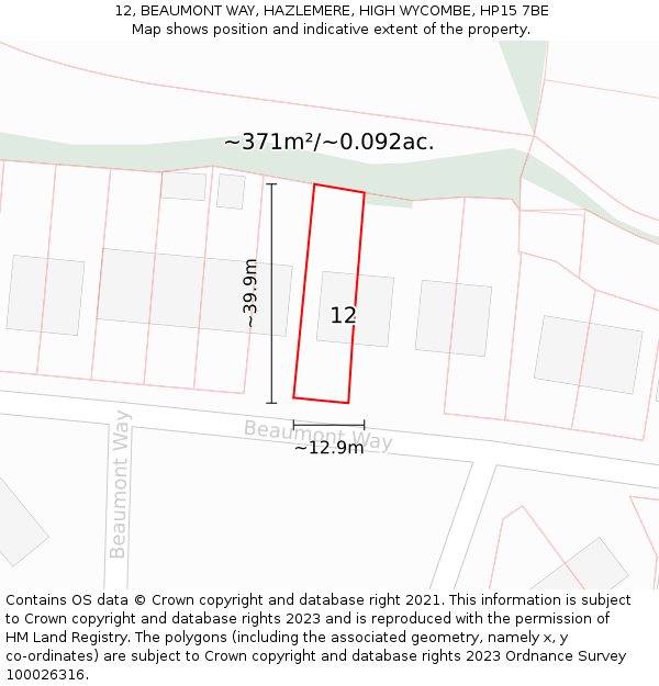 12, BEAUMONT WAY, HAZLEMERE, HIGH WYCOMBE, HP15 7BE: Plot and title map