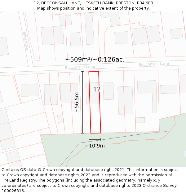 12, BECCONSALL LANE, HESKETH BANK, PRESTON, PR4 6RR: Plot and title map