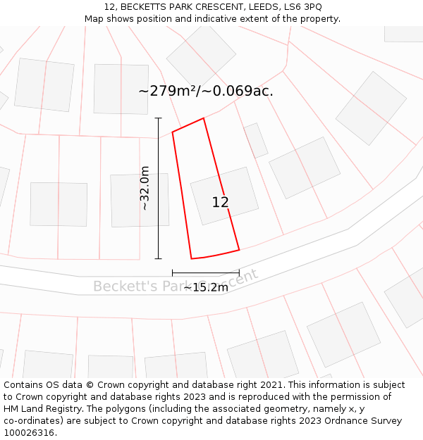 12, BECKETTS PARK CRESCENT, LEEDS, LS6 3PQ: Plot and title map