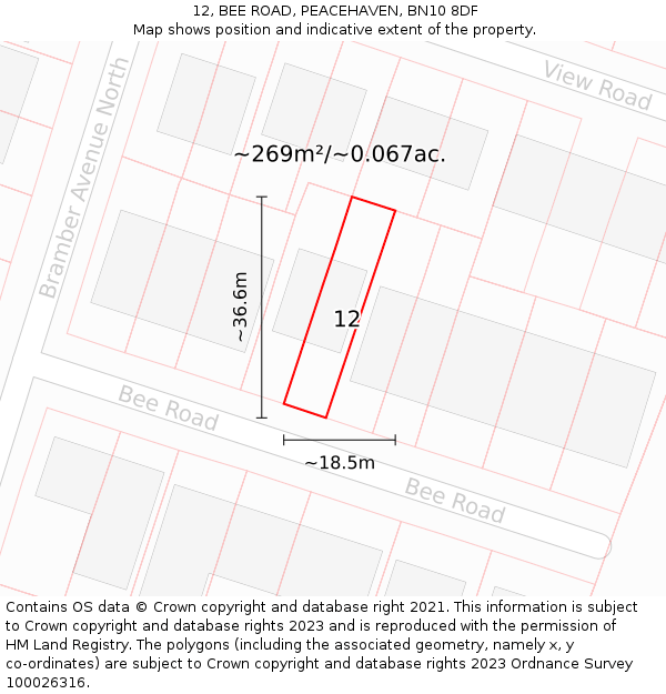 12, BEE ROAD, PEACEHAVEN, BN10 8DF: Plot and title map