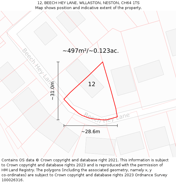 12, BEECH HEY LANE, WILLASTON, NESTON, CH64 1TS: Plot and title map