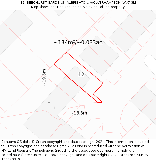 12, BEECHURST GARDENS, ALBRIGHTON, WOLVERHAMPTON, WV7 3LT: Plot and title map