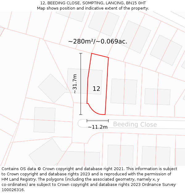 12, BEEDING CLOSE, SOMPTING, LANCING, BN15 0HT: Plot and title map