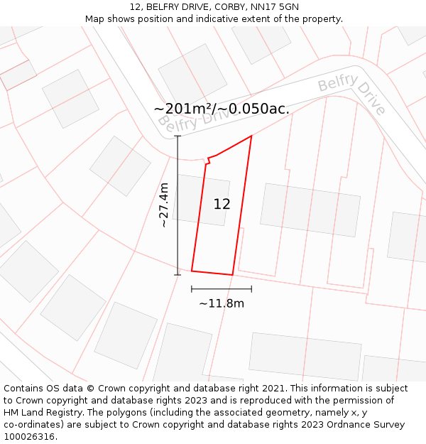 12, BELFRY DRIVE, CORBY, NN17 5GN: Plot and title map