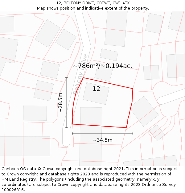 12, BELTONY DRIVE, CREWE, CW1 4TX: Plot and title map