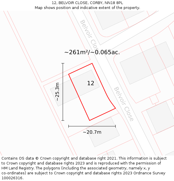 12, BELVOIR CLOSE, CORBY, NN18 8PL: Plot and title map