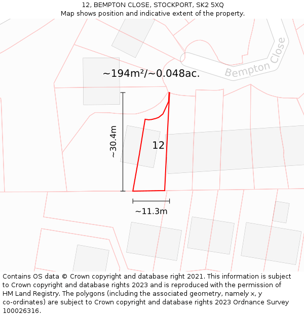 12, BEMPTON CLOSE, STOCKPORT, SK2 5XQ: Plot and title map