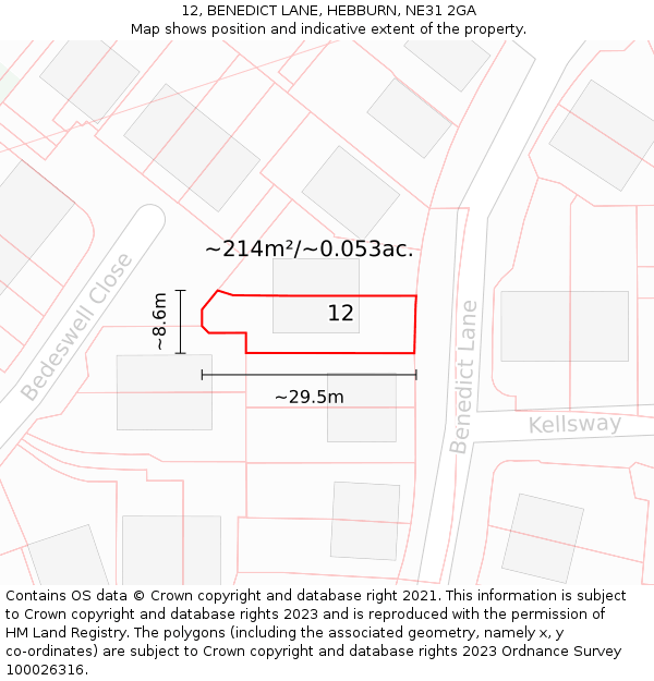 12, BENEDICT LANE, HEBBURN, NE31 2GA: Plot and title map