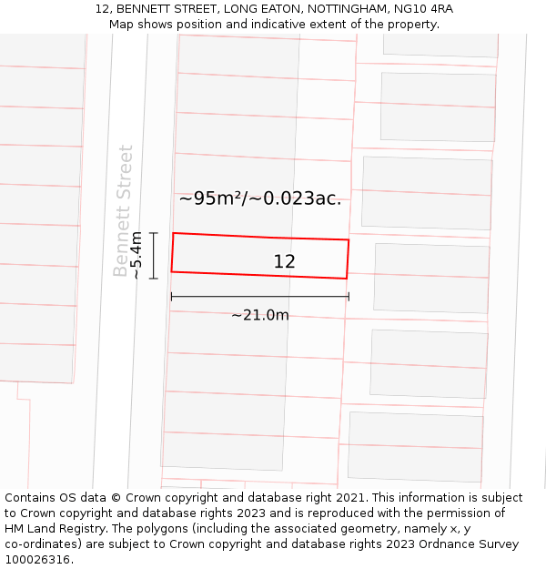 12, BENNETT STREET, LONG EATON, NOTTINGHAM, NG10 4RA: Plot and title map