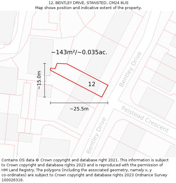 12, BENTLEY DRIVE, STANSTED, CM24 8US: Plot and title map