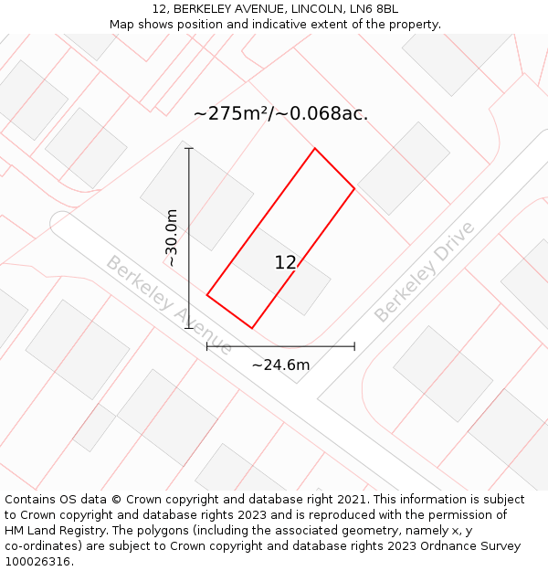 12, BERKELEY AVENUE, LINCOLN, LN6 8BL: Plot and title map