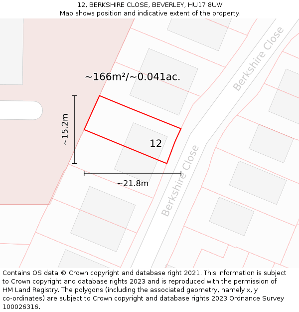 12, BERKSHIRE CLOSE, BEVERLEY, HU17 8UW: Plot and title map