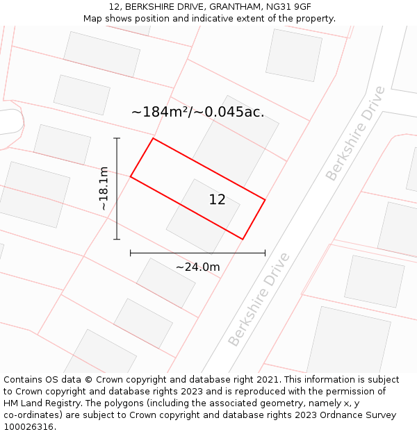 12, BERKSHIRE DRIVE, GRANTHAM, NG31 9GF: Plot and title map