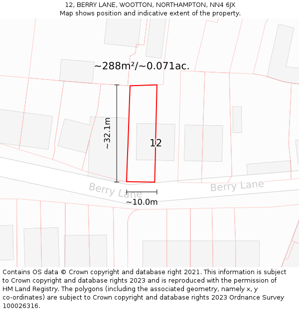 12, BERRY LANE, WOOTTON, NORTHAMPTON, NN4 6JX: Plot and title map