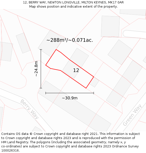 12, BERRY WAY, NEWTON LONGVILLE, MILTON KEYNES, MK17 0AR: Plot and title map