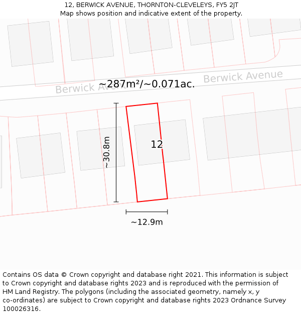 12, BERWICK AVENUE, THORNTON-CLEVELEYS, FY5 2JT: Plot and title map