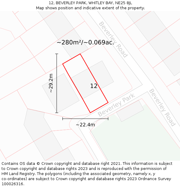 12, BEVERLEY PARK, WHITLEY BAY, NE25 8JL: Plot and title map