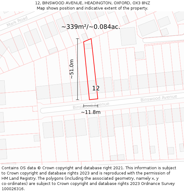 12, BINSWOOD AVENUE, HEADINGTON, OXFORD, OX3 8NZ: Plot and title map