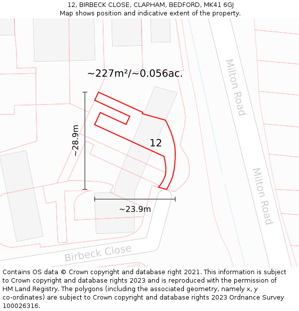 12, BIRBECK CLOSE, CLAPHAM, BEDFORD, MK41 6GJ: Plot and title map