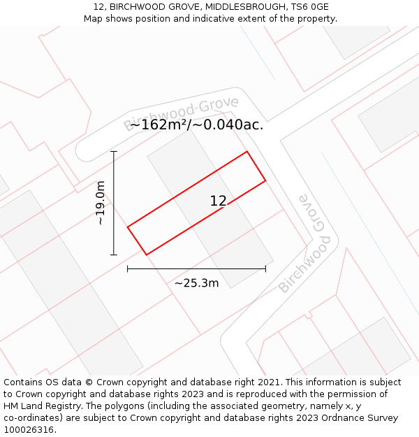 12, BIRCHWOOD GROVE, MIDDLESBROUGH, TS6 0GE: Plot and title map