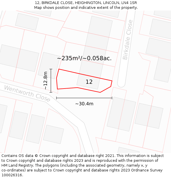 12, BIRKDALE CLOSE, HEIGHINGTON, LINCOLN, LN4 1SR: Plot and title map