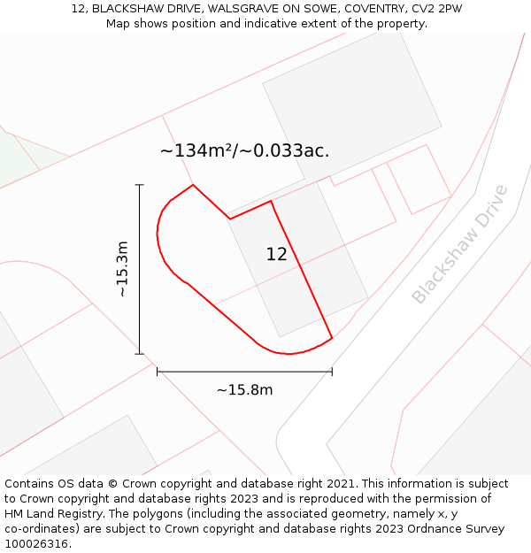 12, BLACKSHAW DRIVE, WALSGRAVE ON SOWE, COVENTRY, CV2 2PW: Plot and title map