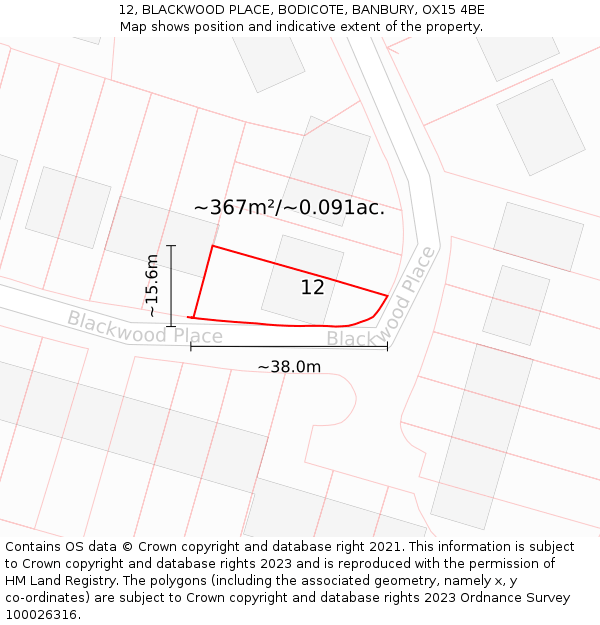 12, BLACKWOOD PLACE, BODICOTE, BANBURY, OX15 4BE: Plot and title map