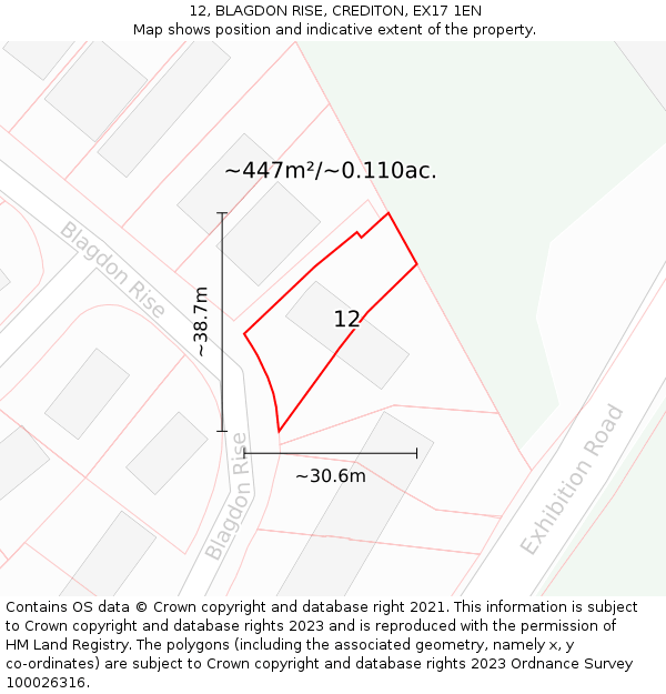 12, BLAGDON RISE, CREDITON, EX17 1EN: Plot and title map