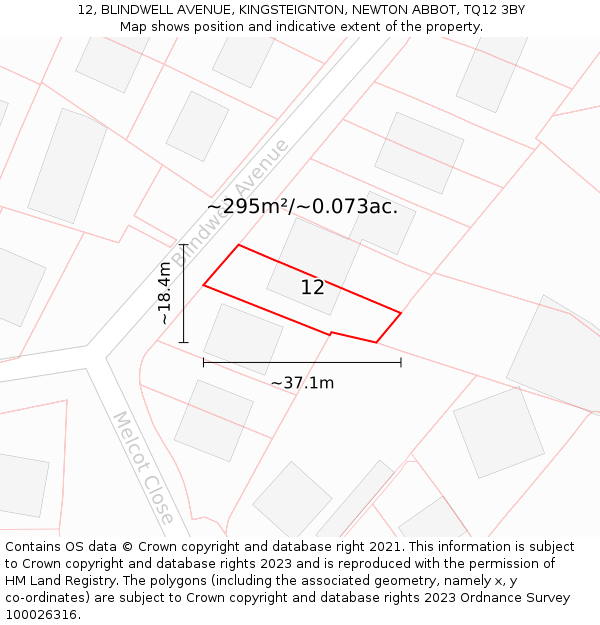 12, BLINDWELL AVENUE, KINGSTEIGNTON, NEWTON ABBOT, TQ12 3BY: Plot and title map
