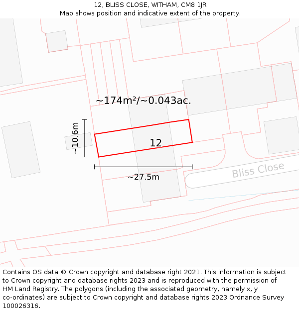 12, BLISS CLOSE, WITHAM, CM8 1JR: Plot and title map