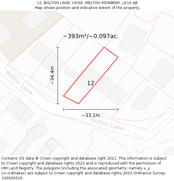 12, BOLTON LANE, HOSE, MELTON MOWBRAY, LE14 4JE: Plot and title map