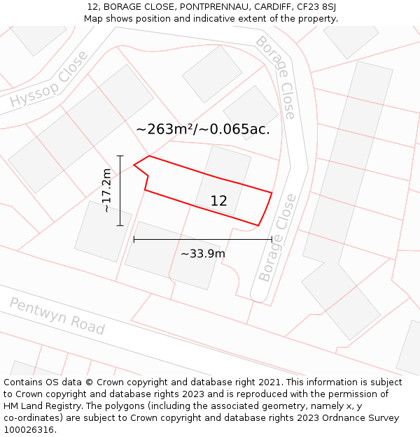 12, BORAGE CLOSE, PONTPRENNAU, CARDIFF, CF23 8SJ: Plot and title map