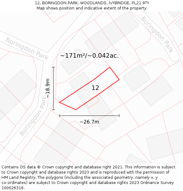 12, BORINGDON PARK, WOODLANDS, IVYBRIDGE, PL21 9TY: Plot and title map