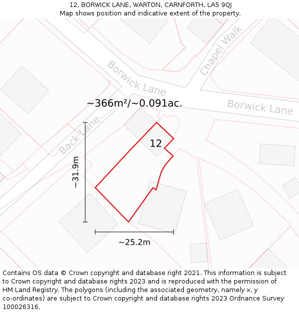 12, BORWICK LANE, WARTON, CARNFORTH, LA5 9QJ: Plot and title map