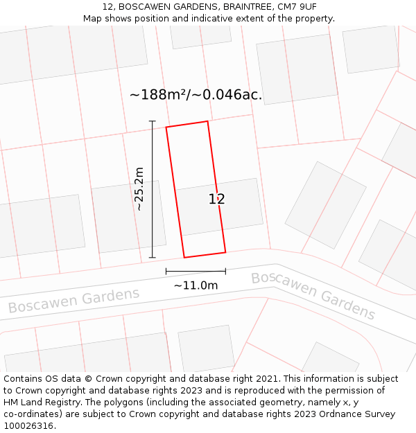 12, BOSCAWEN GARDENS, BRAINTREE, CM7 9UF: Plot and title map