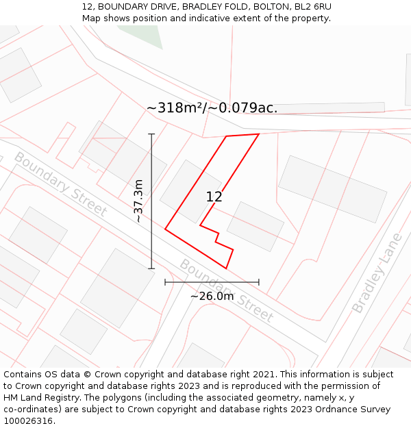 12, BOUNDARY DRIVE, BRADLEY FOLD, BOLTON, BL2 6RU: Plot and title map